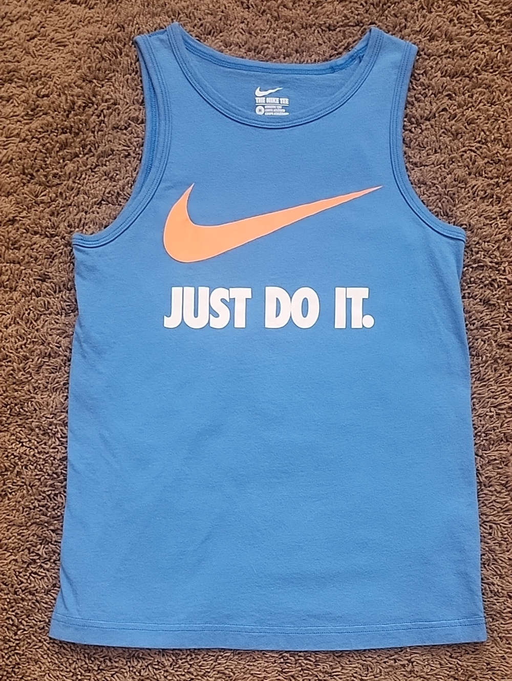 Nike Blue Tank Top with Orange Swoosh and White Text - Size Boys Medium